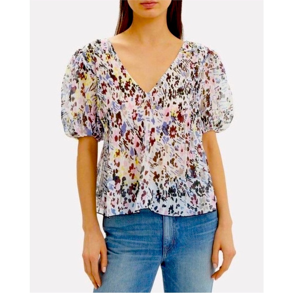 Ganni Egret Pleated Georgette Floral Top Size 38/US 6/Medium